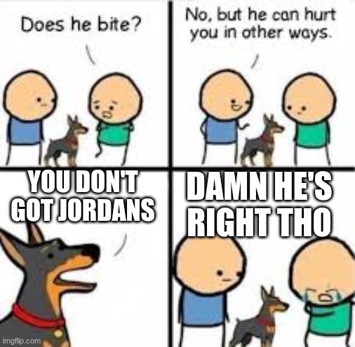 T-T | damn he's right tho; you don't got jordans | image tagged in he can hurt you in other ways | made w/ Imgflip meme maker