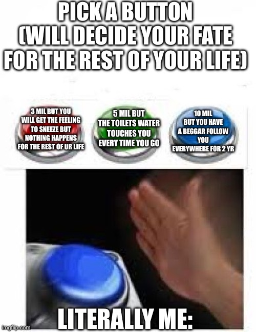 Remake bc last one was ahh | PICK A BUTTON
(WILL DECIDE YOUR FATE FOR THE REST OF YOUR LIFE); 10 MIL BUT YOU have a beggar follow you everywhere for 2 yr; 3 MIL BUT YOU WILL GET THE FEELING TO SNEEZE BUT NOTHING HAPPENS FOR THE REST OF UR LIFE; 5 MIL BUT THE TOILETS WATER TOUCHES YOU EVERY TIME YOU GO; LITERALLY ME: | image tagged in red green blue buttons,remix | made w/ Imgflip meme maker