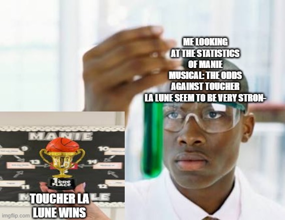 finally scientist meme template | Me looking at the statistics of manie musical: The odds against toucher la lune seem to be very stron-; Toucher la lune wins | image tagged in finally scientist meme template | made w/ Imgflip meme maker