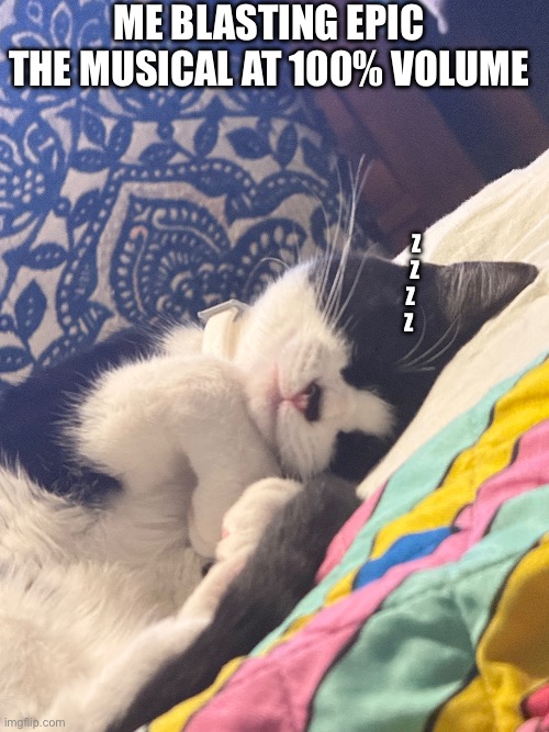 Cat | Me blasting epic the musical at 100% volume; z
        Z
      Z
     Z | image tagged in sleepy cat | made w/ Imgflip meme maker