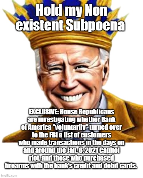 Hold my Non existent Subpoena EXCLUSIVE: House Republicans are investigating whether Bank of America "voluntarily" turned over to the FBI a  | made w/ Imgflip meme maker
