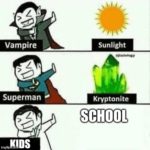 SCHOOL SUXS | school; kids | image tagged in weakness | made w/ Imgflip meme maker