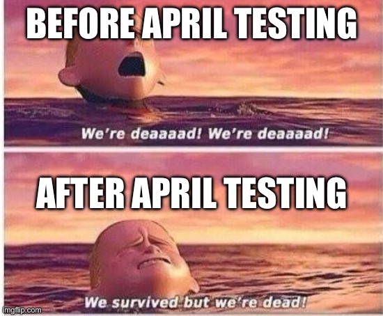 Testing | Before april testing; After april testing | image tagged in we survived but we're dead | made w/ Imgflip meme maker