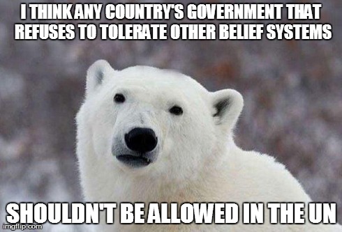 I THINK ANY COUNTRY'S GOVERNMENT THAT REFUSES TO TOLERATE OTHER BELIEF SYSTEMS SHOULDN'T BE ALLOWED IN THE UN | image tagged in popular opinion polar bear,AdviceAnimals | made w/ Imgflip meme maker