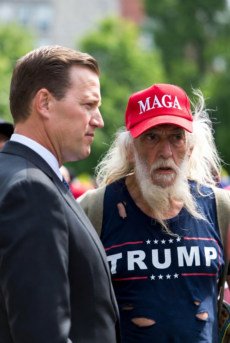 Regular businessman vs. MAGA scumbag elderly Trump Blank Meme Template