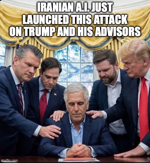 President Epstein is calling the shots from his grave | iranian A.i. just launched this attack on trump and his advisors | image tagged in jeffrey epstein donald trump prayer circle,jeffrey epstein,donald trump,trump unfit unqualified dangerous,impeach trump | made w/ Imgflip meme maker