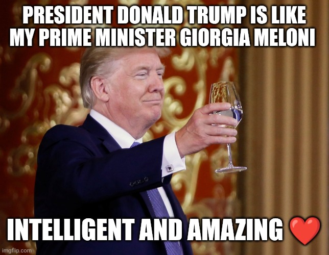 He's similar to my prime minister Giorgia Meloni ❤️ | President Donald Trump is like my prime minister Giorgia Meloni; Intelligent and amazing ❤️ | image tagged in donald trump cheers | made w/ Imgflip meme maker