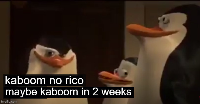 Yes rico kaboom | kaboom no rico maybe kaboom in 2 weeks | image tagged in yes rico kaboom | made w/ Imgflip meme maker