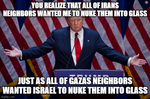 Donald Trump | you realize that all of irans neighbors wanted me to nuke them into glass; just as all of gazas neighbors wanted israel to nuke them into glass | image tagged in donald trump | made w/ Imgflip meme maker