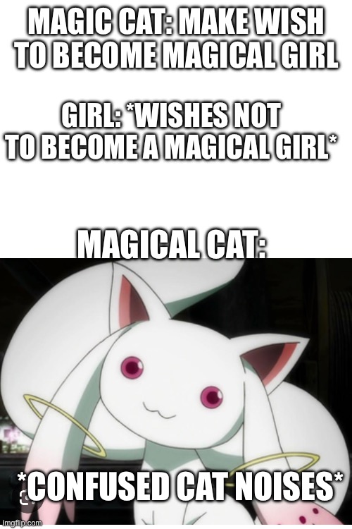Magic cat: Make wish to become Magical Girl; Girl: *Wishes not to become a Magical Girl*; Magical cat:; *Confused cat noises* | made w/ Imgflip meme maker