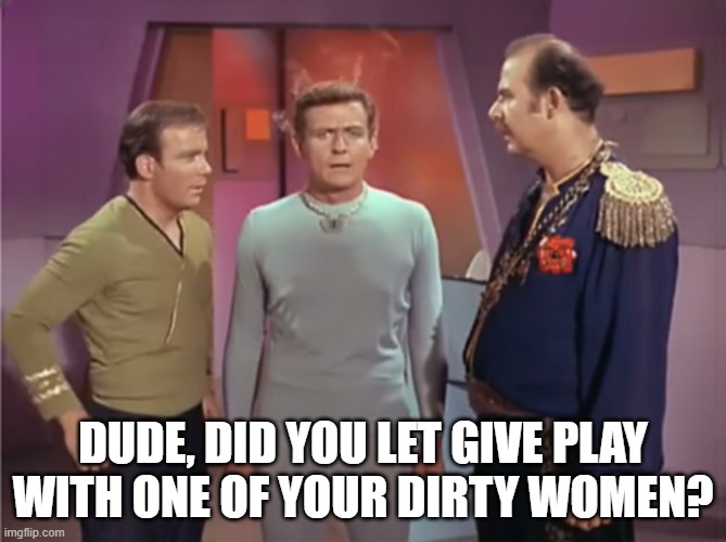 Mudd's Women | Dude, did you let give play with one of your dirty women? | image tagged in star trek norman | made w/ Imgflip meme maker
