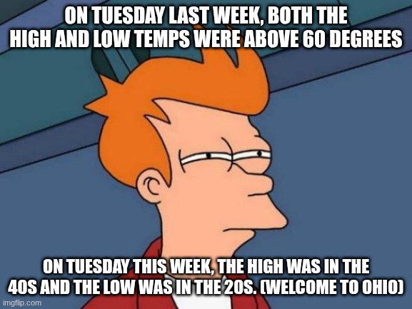 Futurama Fry Meme | On Tuesday last week, both the high and low temps were above 60 degrees; On Tuesday this week, the high was in the 40s and the low was in the 20s. (welcome to Ohio) | image tagged in memes,futurama fry | made w/ Imgflip meme maker