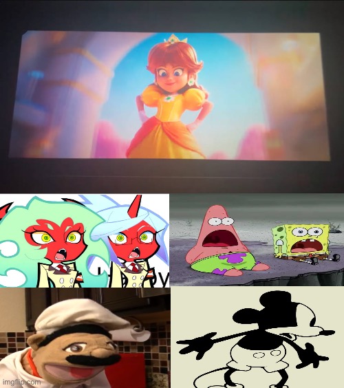 Scanty, Kneesocks, Chef Pee Pee, SpongeBob, Patrick, and Steamboat Willie react to Movie Daisy | image tagged in who reacts to princess daisy in tsmgm,super mario galaxy,panty and stocking,sml,spongebob,deviantart | made w/ Imgflip meme maker