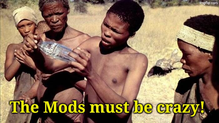 The Gods Must Be Crazy Coke Bottle | The Mods must be crazy! | image tagged in the gods must be crazy coke bottle | made w/ Imgflip meme maker