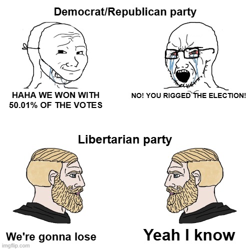Crying Wojak / I Know Chad Meme | Democrat/Republican party; haha we won with 50.01% of the votes; No! you rigged the election! Libertarian party; We're gonna lose; Yeah I know | image tagged in crying wojak / i know chad meme | made w/ Imgflip meme maker