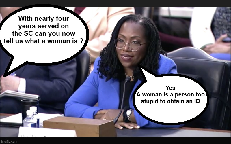 Conferred with her party of allegiance | With nearly four years served on the SC can you now tell us what a woman is ? Yes
A woman is a person too stupid to obtain an ID | image tagged in ketanji brown jackson too stupid for id meme | made w/ Imgflip meme maker