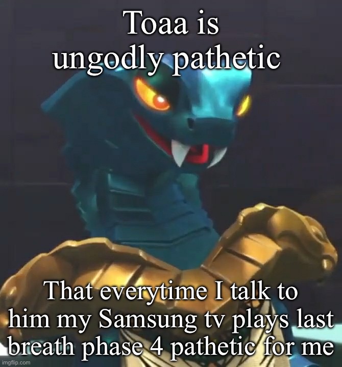Aspheera ninjago | Toaa is ungodly pathetic That everytime I talk to him my Samsung tv plays last breath phase 4 pathetic for me | image tagged in aspheera ninjago | made w/ Imgflip meme maker