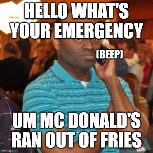 police | hello what's your emergency; (beep); um Mc Donald's ran out of fries | image tagged in calling the police | made w/ Imgflip meme maker