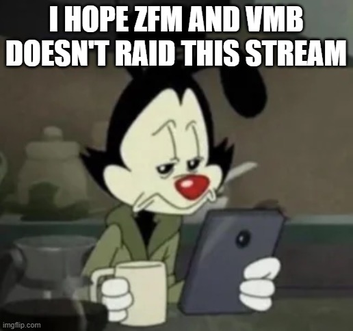Yakko holding a phone | I hope ZFM and VMB doesn't raid this stream | image tagged in yakko holding a phone | made w/ Imgflip meme maker