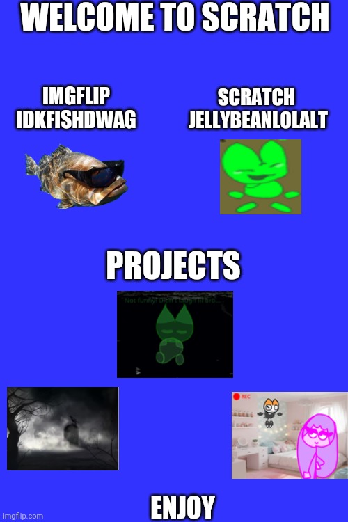 . | Welcome to scratch; Scratch 
jellybeanlolalt; Imgflip
Idkfishdwag; Projects; Enjoy | image tagged in idk | made w/ Imgflip meme maker