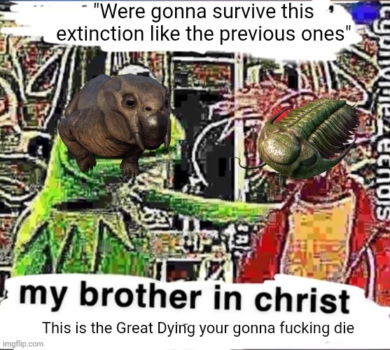I miss Trilobites :( | "Were gonna survive this extinction like the previous ones"; This is the Great Dying your gonna fucking die | image tagged in my brother in christ,memes,history memes,funny,lol,humor | made w/ Imgflip meme maker