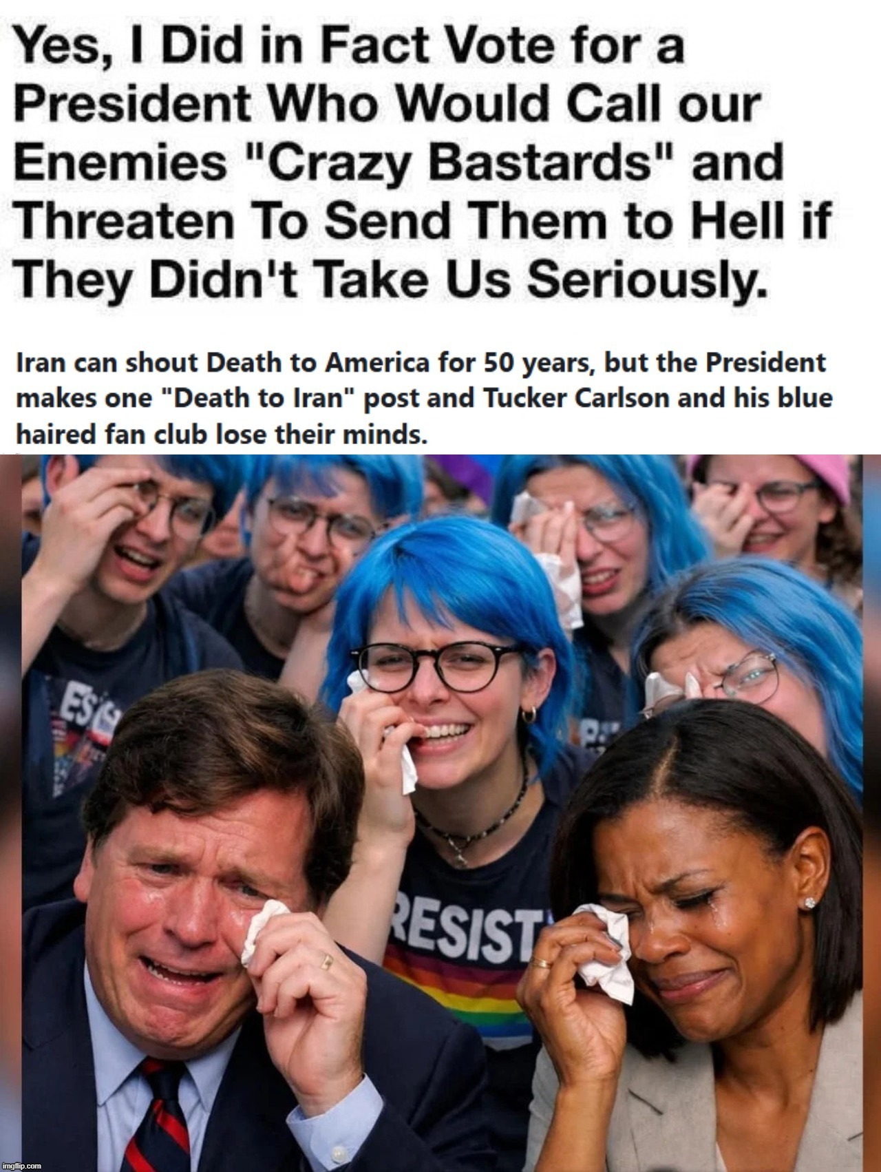 Iran Shouts Death to America for 50 years, but the President makes one "Death to Iran" post and Tucker Carlson loses his mind! | image tagged in stupid people be like,confused tucker carlson,cuckservatives,sellouts,hypocrites,rinos | made w/ Imgflip meme maker