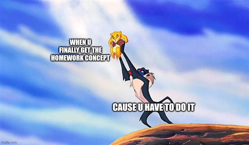 Lion King Rafiki Simba | when u finally get the homework concept; cause u have to do it | image tagged in lion king rafiki simba | made w/ Imgflip meme maker