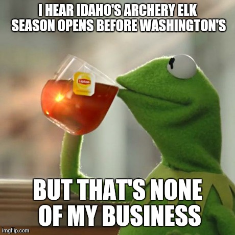 But That's None Of My Business | I HEAR IDAHO'S ARCHERY ELK SEASON OPENS BEFORE WASHINGTON'S BUT THAT'S NONE OF MY BUSINESS | image tagged in memes,but thats none of my business,kermit the frog | made w/ Imgflip meme maker