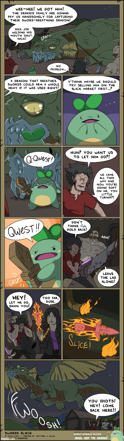 Quest Sprout VS Mincer | image tagged in swords,sprout,quest,dragon,friend,release | made w/ Imgflip meme maker