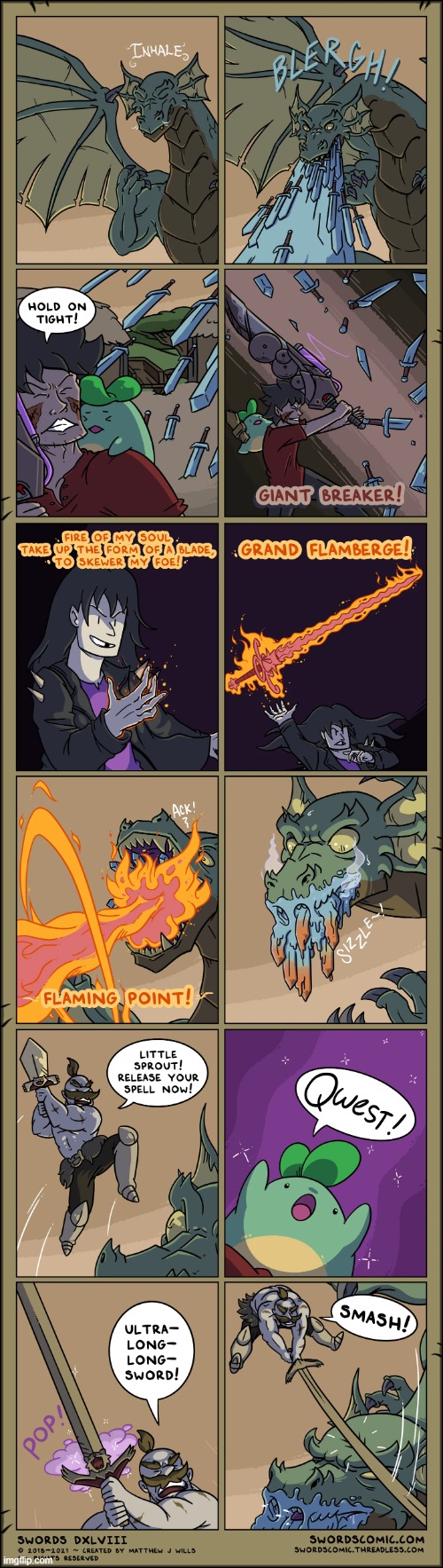 The Quest Team VS the Sword-Breathing Dragon | image tagged in swords,sprout,quest,dragon,battle,teamwork | made w/ Imgflip meme maker