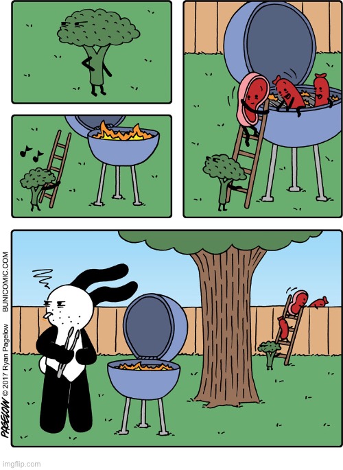 Buni Comics | image tagged in comics,buni comics,grill,vegetables,meat,rescue | made w/ Imgflip meme maker
