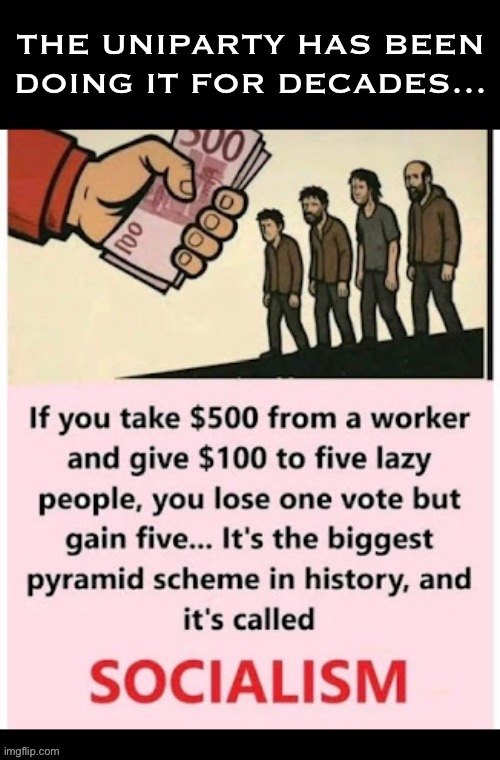 Just one of the many scams and schemes run by The UniParty | The UniParty has been
doing it for decades… | image tagged in anti communists,socialism,pyramid scheme,buying votes,workers,lazy people | made w/ Imgflip meme maker