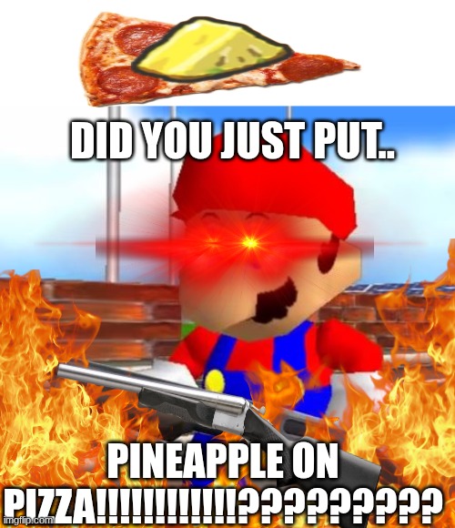 Holy image spam yay | did you just put.. Pineapple on pizza!!!!!!!!!!!!????????? | image tagged in smg4 shotgun mario | made w/ Imgflip meme maker