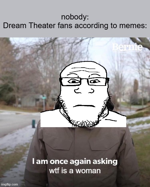 it do be like ts | nobody:
Dream Theater fans according to memes:; wtf is a woman | image tagged in memes,bernie i am once again asking for your support,metal,progressive,dream theater,funny | made w/ Imgflip meme maker