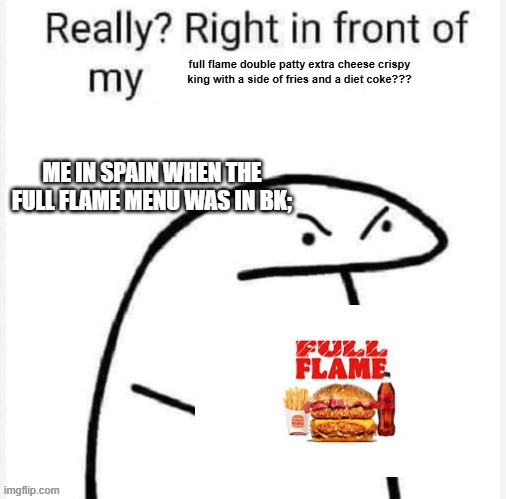 Really? Right in front of my | full flame double patty extra cheese crispy king with a side of fries and a diet coke??? me in spain when the full flame menu was in BK; | image tagged in full flame,burger king | made w/ Imgflip meme maker