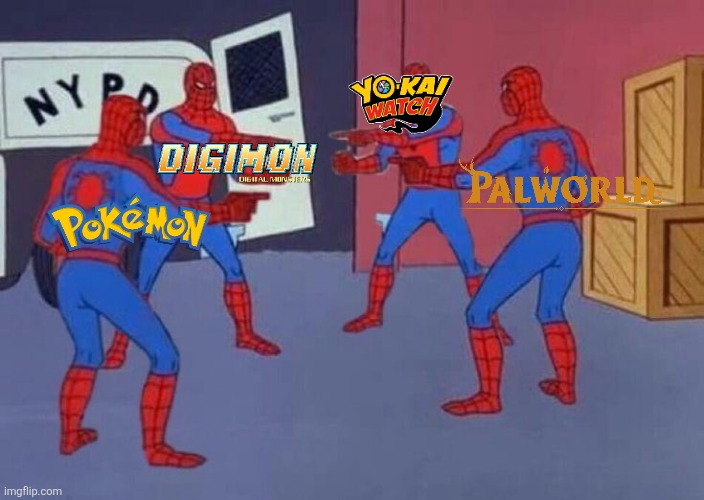 Pokémon vs Digimon vs Yo-Kai Watch vs Palworld | image tagged in 4 spiderman pointing at each other,pokemon,digimon,yo kai watch,palworld | made w/ Imgflip meme maker
