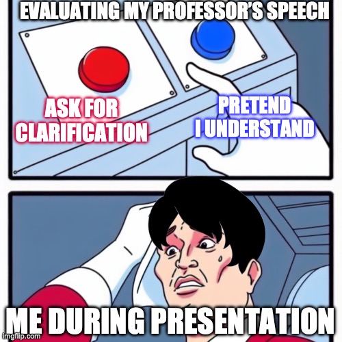 two buttons meme but on the bottom there is a guy pressing the r | Evaluating My Professor’s speech; Pretend I understand; Ask for clarification; Me during presentation | image tagged in two buttons meme but on the bottom there is a guy pressing the r | made w/ Imgflip meme maker