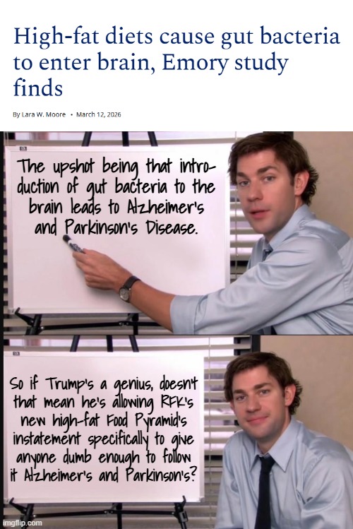 Heya, Trump-cult kids, are you sure Dear Leader's not trying to get revenge on you for not getting him re-elected in 2020? | The upshot being that intro-
duction of gut bacteria to the
brain leads to Alzheimer's
and Parkinson's Disease. So if Trump's a genius, doesn't
that mean he's allowing RFK's
new high-fat Food Pyramid's
instatement specifically to give
anyone dumb enough to follow
it Alzheimer's and Parkinson's? | image tagged in alzheimer's,parkinson's,food pyramid,revenge,trump unfit unqualified dangerous,imbecile | made w/ Imgflip meme maker