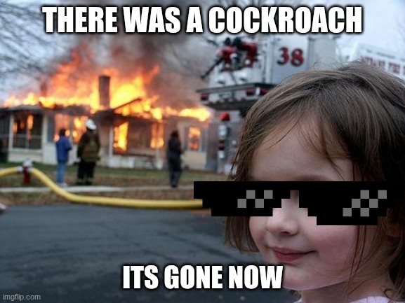Disaster Girl | there was a cockroach; its gone now | image tagged in memes,disaster girl | made w/ Imgflip meme maker
