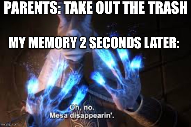 oh no mesa disappearing | Parents: take out the trash; My memory 2 seconds later: | image tagged in oh no mesa disappearing | made w/ Imgflip meme maker