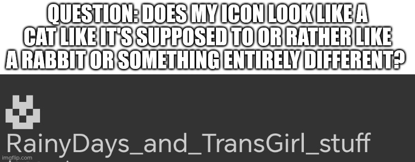 What does it look like to you? And yes, I stole the idea to use an animal from April :3 | Question: does my icon look like a cat like it's supposed to or rather like a rabbit or something entirely different? | made w/ Imgflip meme maker