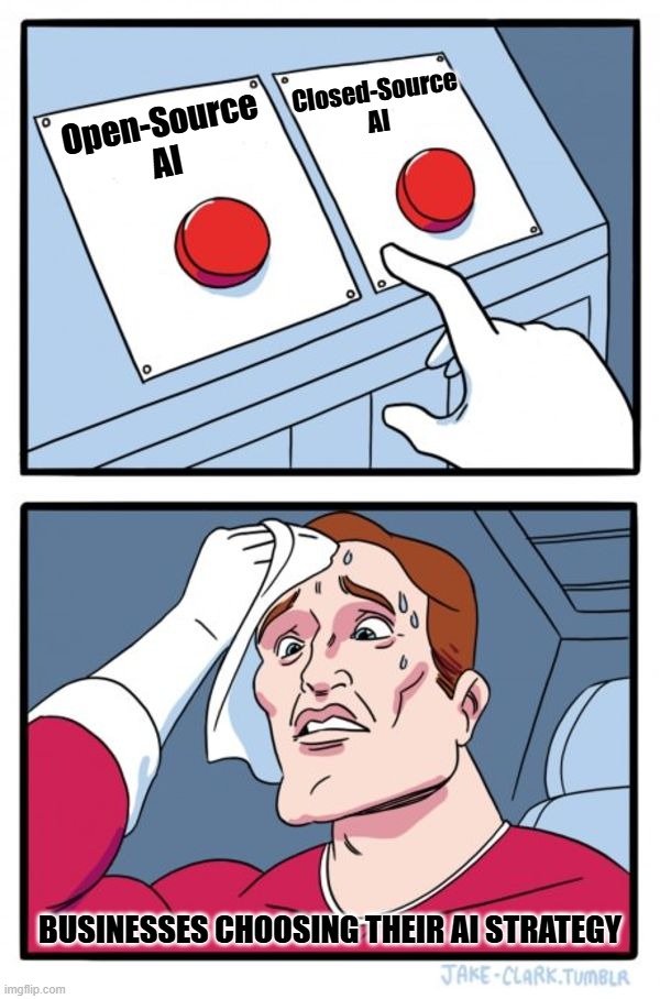 Two Buttons Meme | Closed-Source AI; Open-Source AI; Businesses choosing their ai strategy | image tagged in memes,two buttons | made w/ Imgflip meme maker