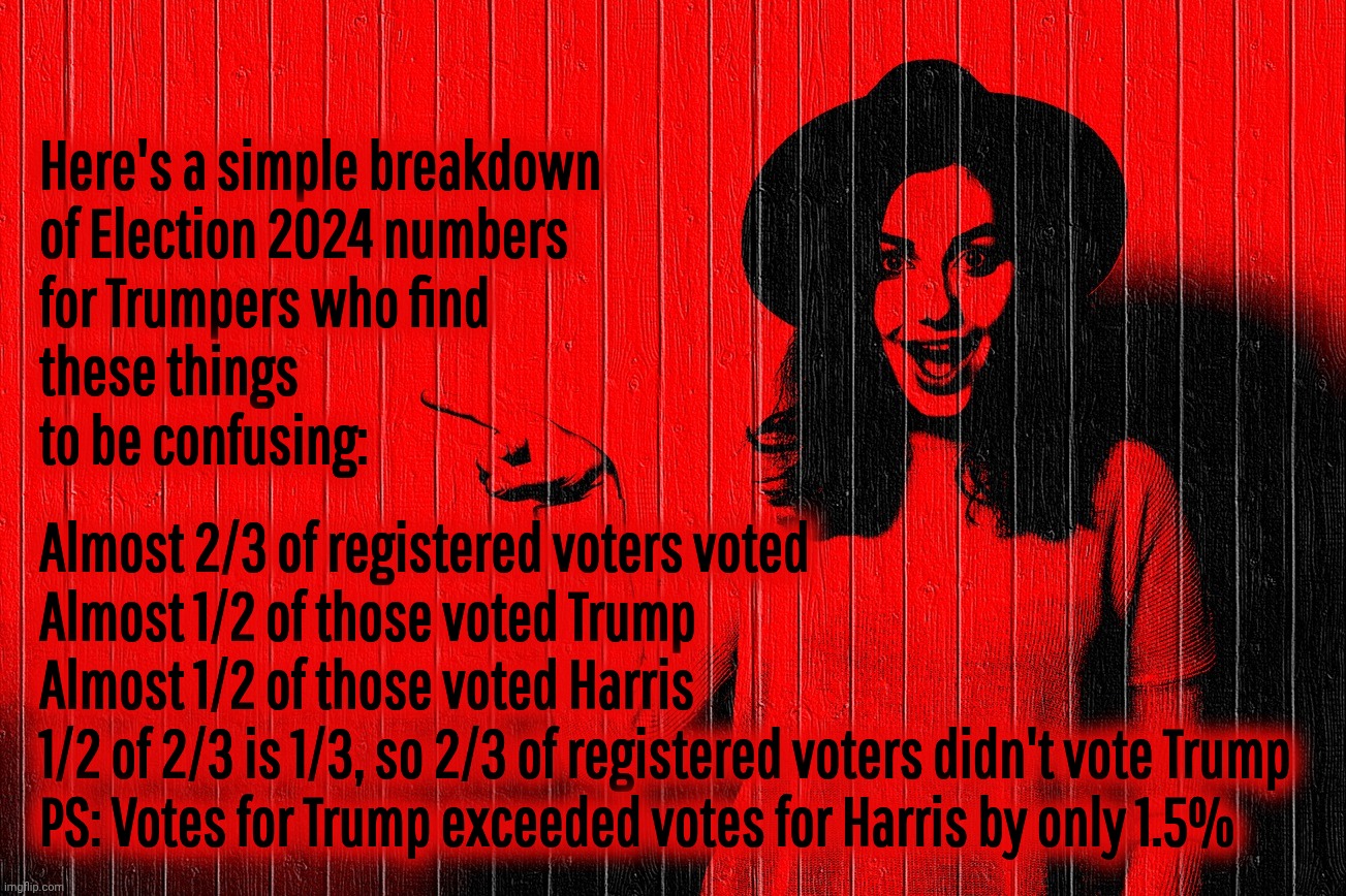 Red fence woman pointing | Here's a simple breakdown
of Election 2024 numbers
for Trumpers who find
these things
to be confusing:; Almost 2/3 of registered voters voted
Almost 1/2 of those voted Trump
Almost 1/2 of those voted Harris
1/2 of 2/3 is 1/3, so 2/3 of registered voters didn't vote Trump
PS: Votes for Trump exceeded votes for Harris by only 1.5% | image tagged in red fence woman pointing | made w/ Imgflip meme maker