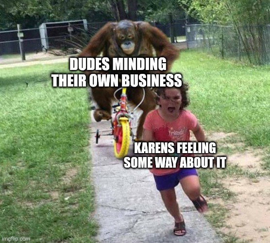 Run! | Dudes minding their own business; Karens feeling some way about it | image tagged in run | made w/ Imgflip meme maker