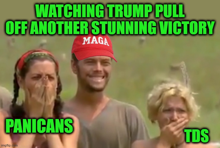Survivor Reaction | watching Trump pull off another stunning victory; Panicans; TDS | image tagged in survivor reaction | made w/ Imgflip meme maker