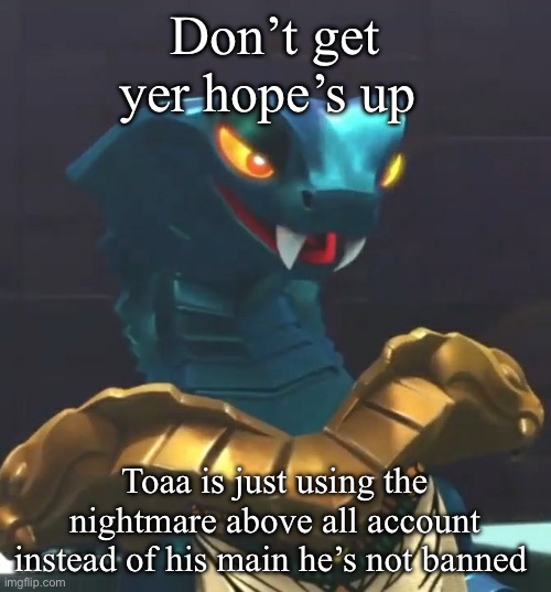 Sadly true | Don’t get yer hope’s up; Toaa is just using the nightmare above all account instead of his main he’s not banned | image tagged in aspheera ninjago | made w/ Imgflip meme maker