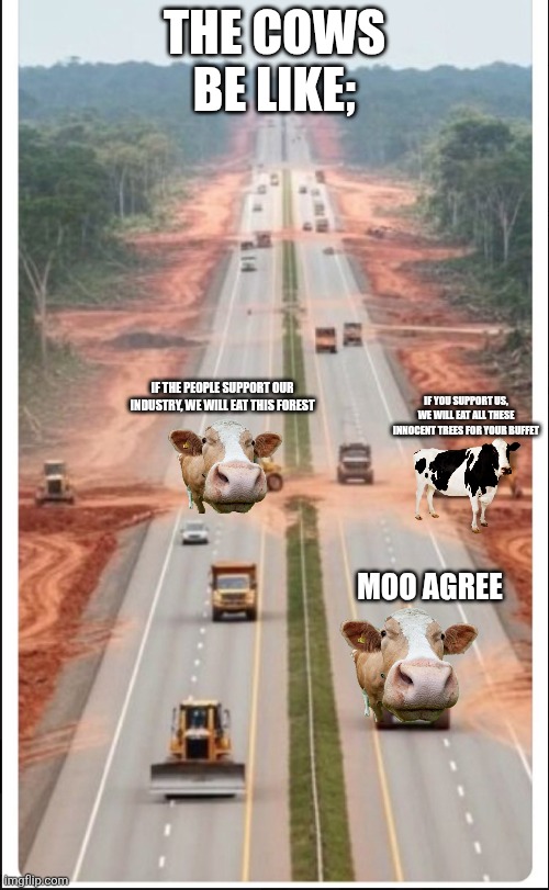 The innocent plants | The cows be like;; If the people support our industry, we will eat this forest; If you support us, we will eat all these innocent trees for your buffet; Moo agree | image tagged in bulldozed 100 000 trees in the amazon rainforest for a highway | made w/ Imgflip meme maker