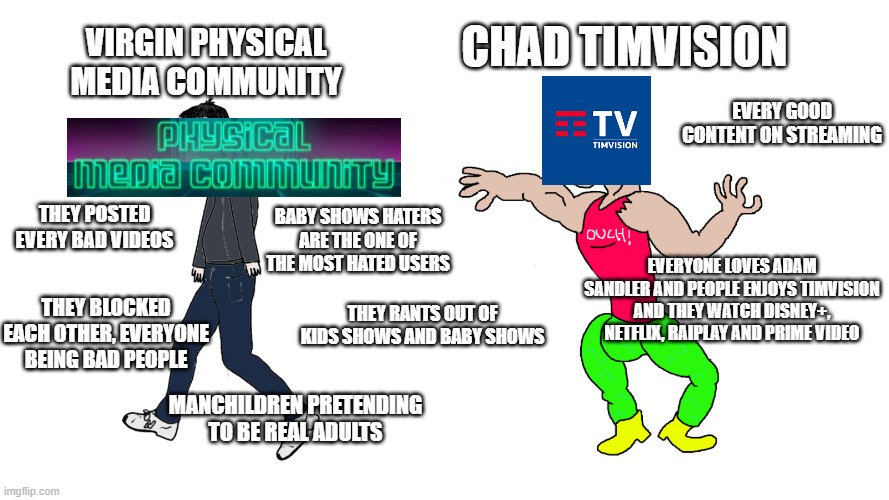 physical media community posted bad youtube home videos | chad timvision; virgin physical media community; every good content on streaming; they posted every bad videos; baby shows haters are the one of the most hated users; everyone loves adam sandler and people enjoys timvision and they watch disney+, netflix, raiplay and prime video; they blocked each other, everyone being bad people; they rants out of kids shows and baby shows; manchildren pretending to be real adults | image tagged in virgin vs chad,physical media community,physical media | made w/ Imgflip meme maker