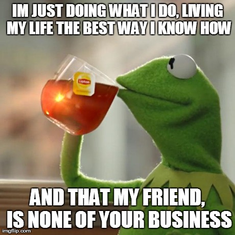 But That's None Of My Business | IM JUST DOING WHAT I DO, LIVING MY LIFE THE BEST WAY I KNOW HOW AND THAT MY FRIEND, IS NONE OF YOUR BUSINESS | image tagged in memes,but thats none of my business,kermit the frog | made w/ Imgflip meme maker