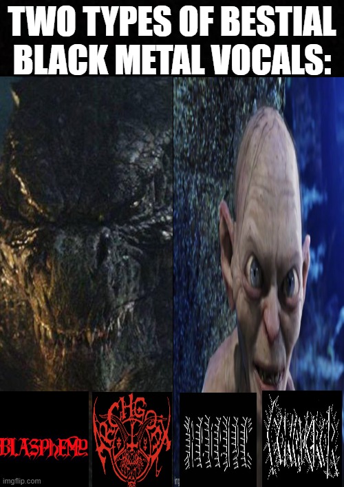 Blank  | two types of bestial black metal vocals: | image tagged in black metal,bestial black metal,war metal,memes,metal,funny | made w/ Imgflip meme maker